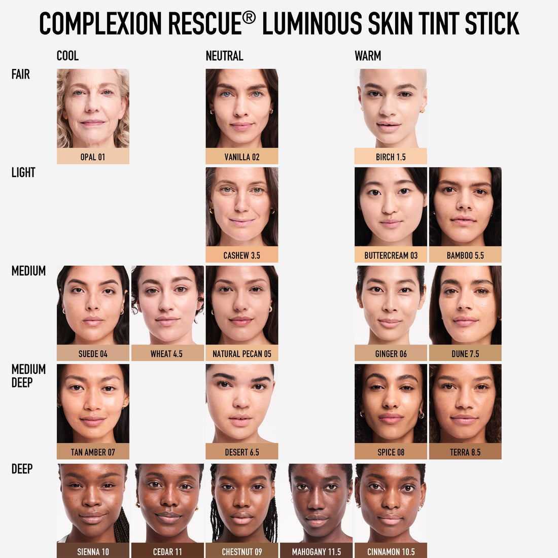 Security Complexion Chart COMPLEXION RESCUE® Luminous Skin Tint Stick and Smoothing Face Brush